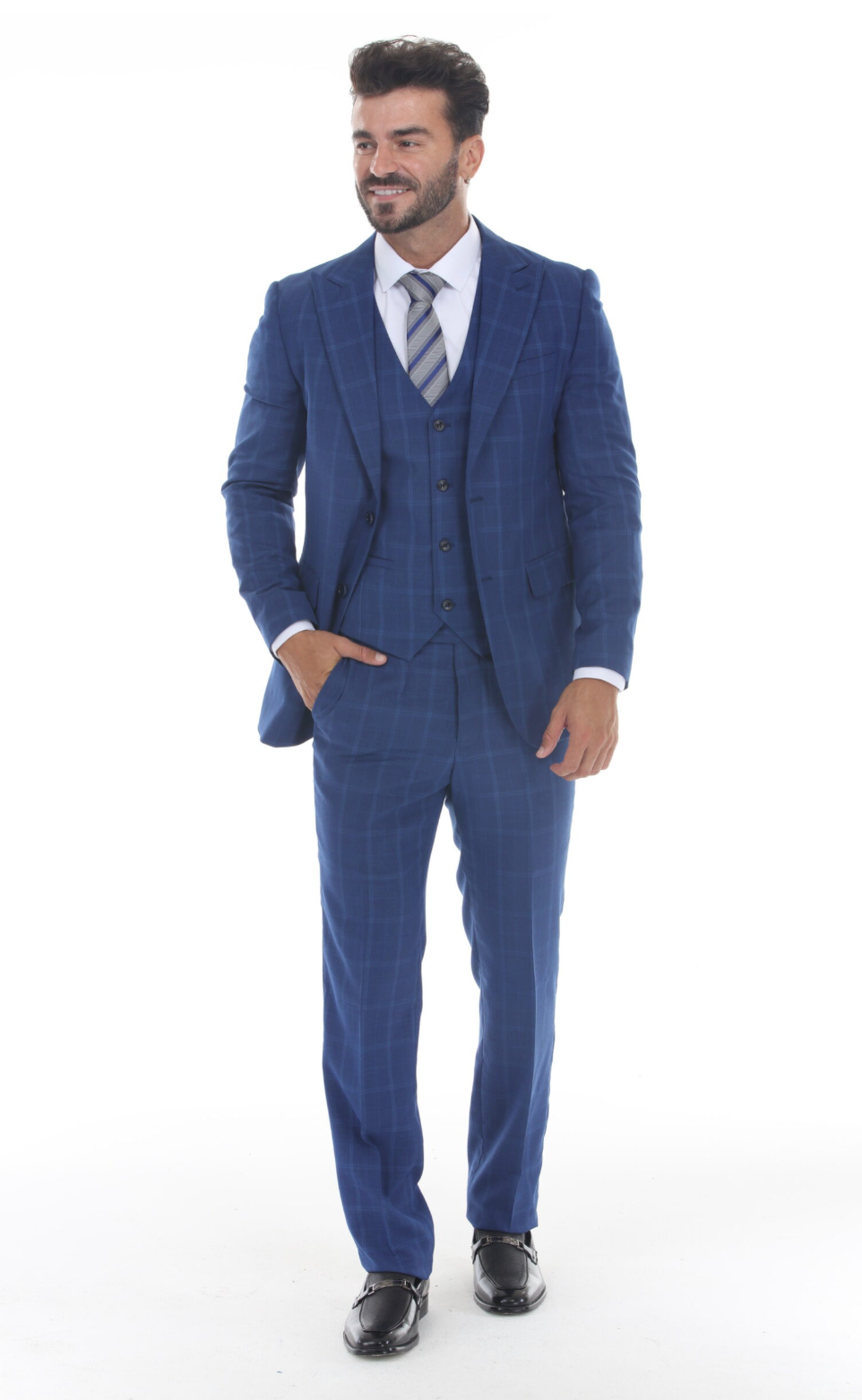 Slim Fit ThreePiece Checkered Suit- Blue