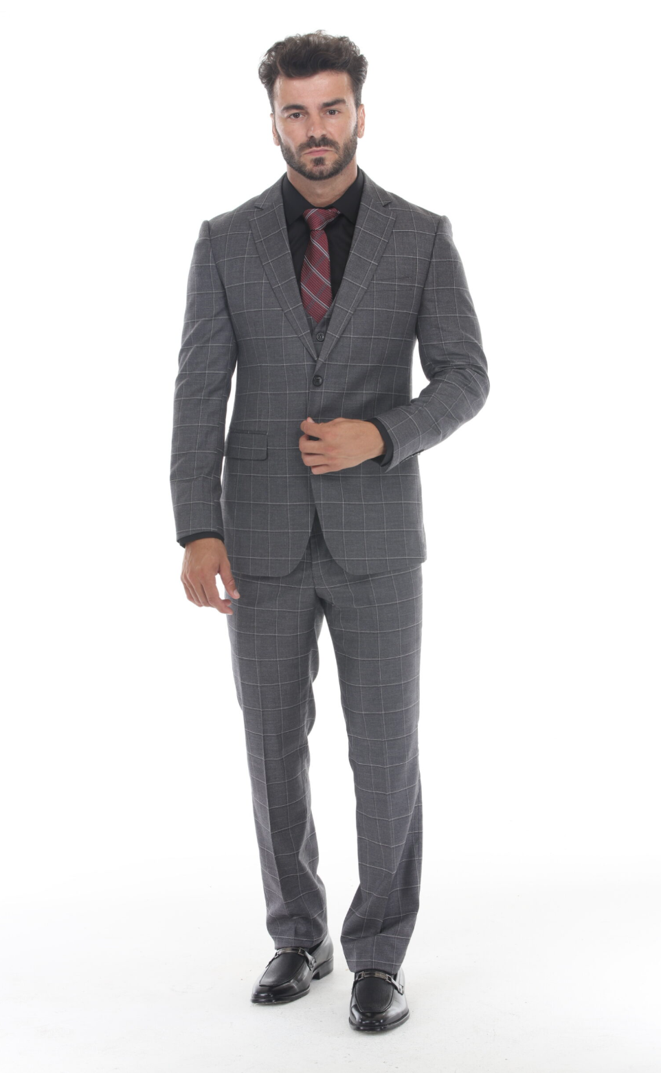 Slim Fit ThreePiece Checkered Suit- Gray