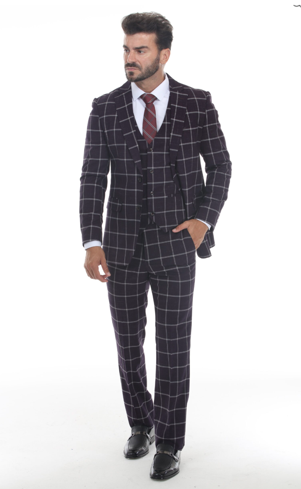 Slim Fit ThreePiece Checkered Suit- Eggplant