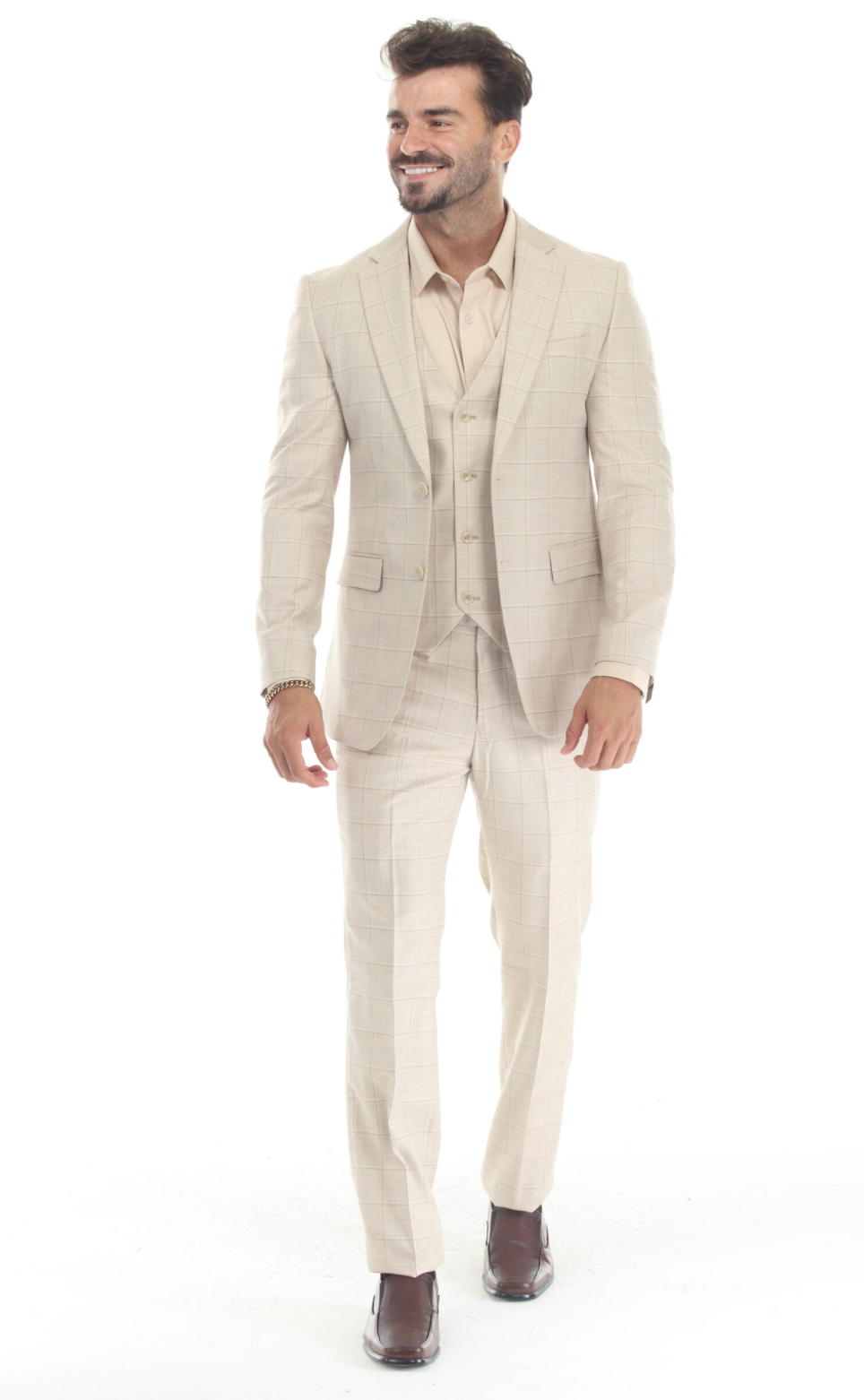 Slim Fit ThreePiece Checkered Suit- Beige