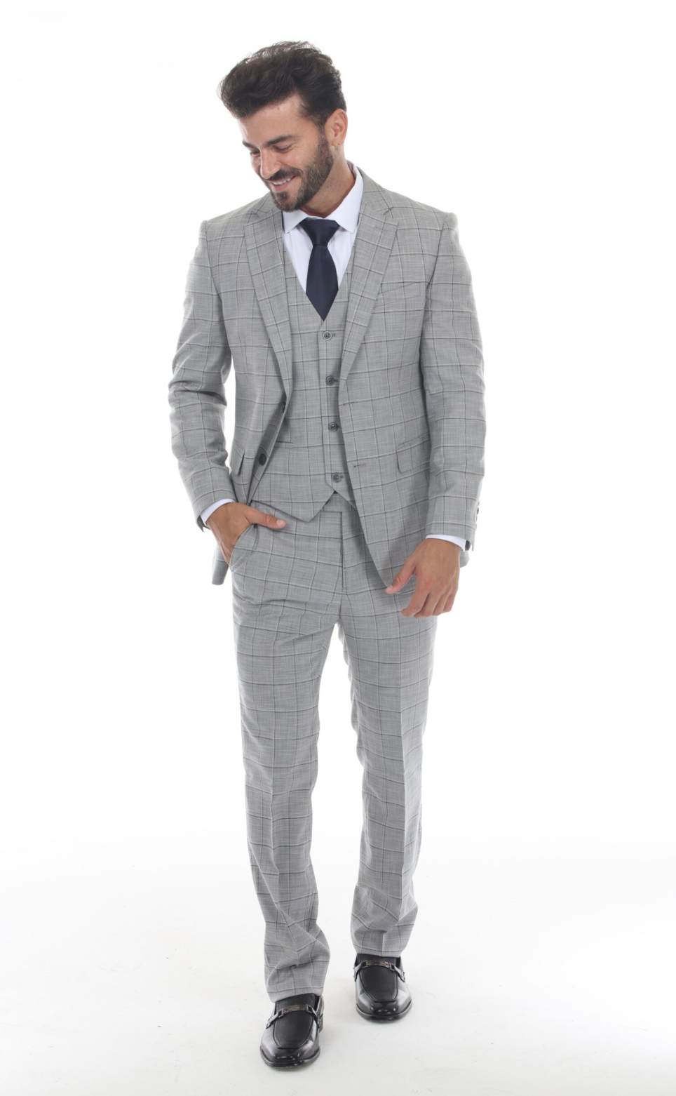 Slim Fit ThreePiece Checkered Suit- Light Gray