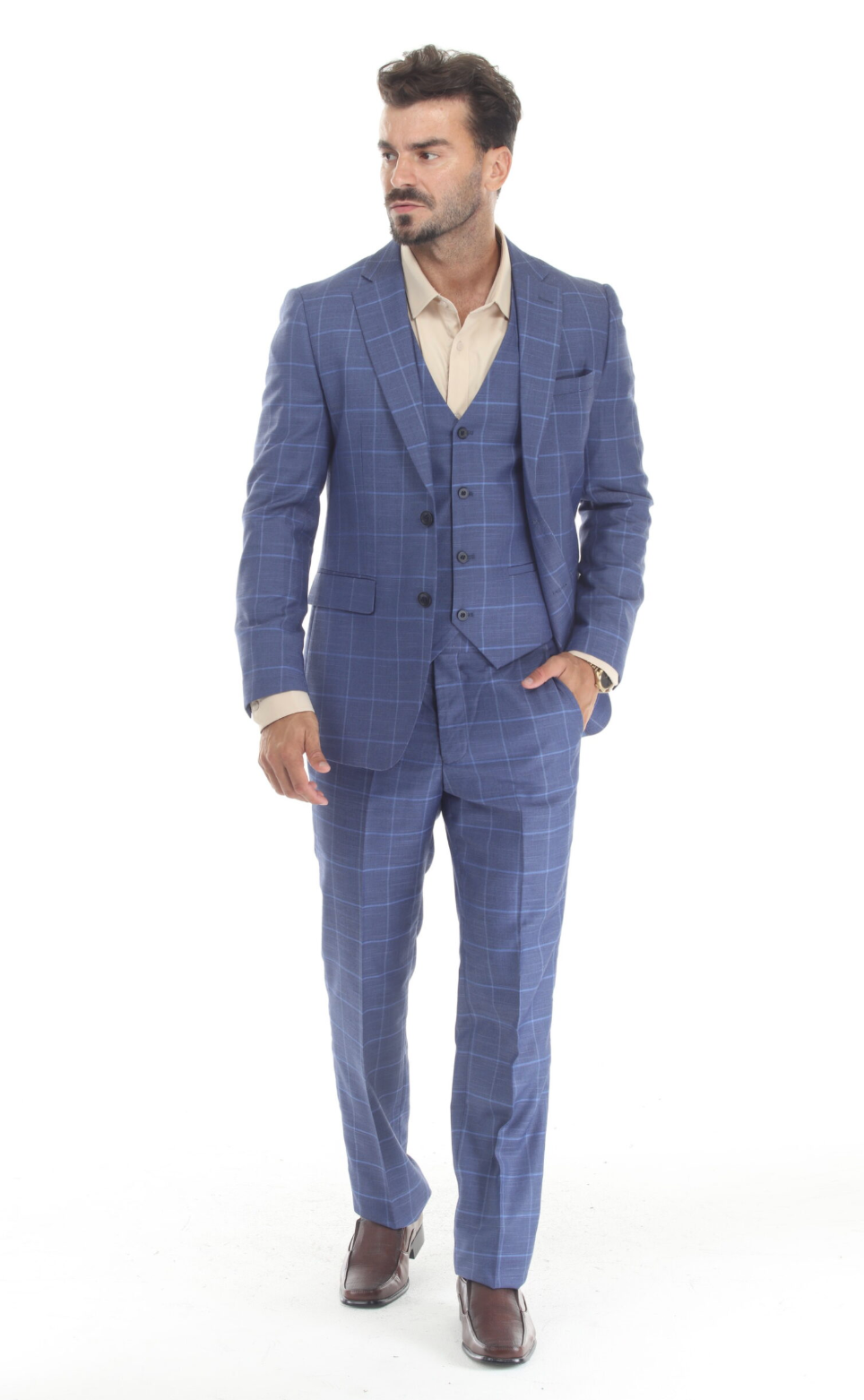 Slim Fit ThreePiece Checkered Suit- Medium Blue