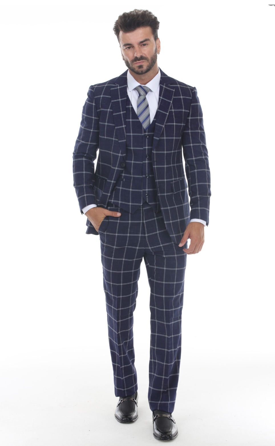 Slim Fit ThreePiece Checkered Suit- Navy