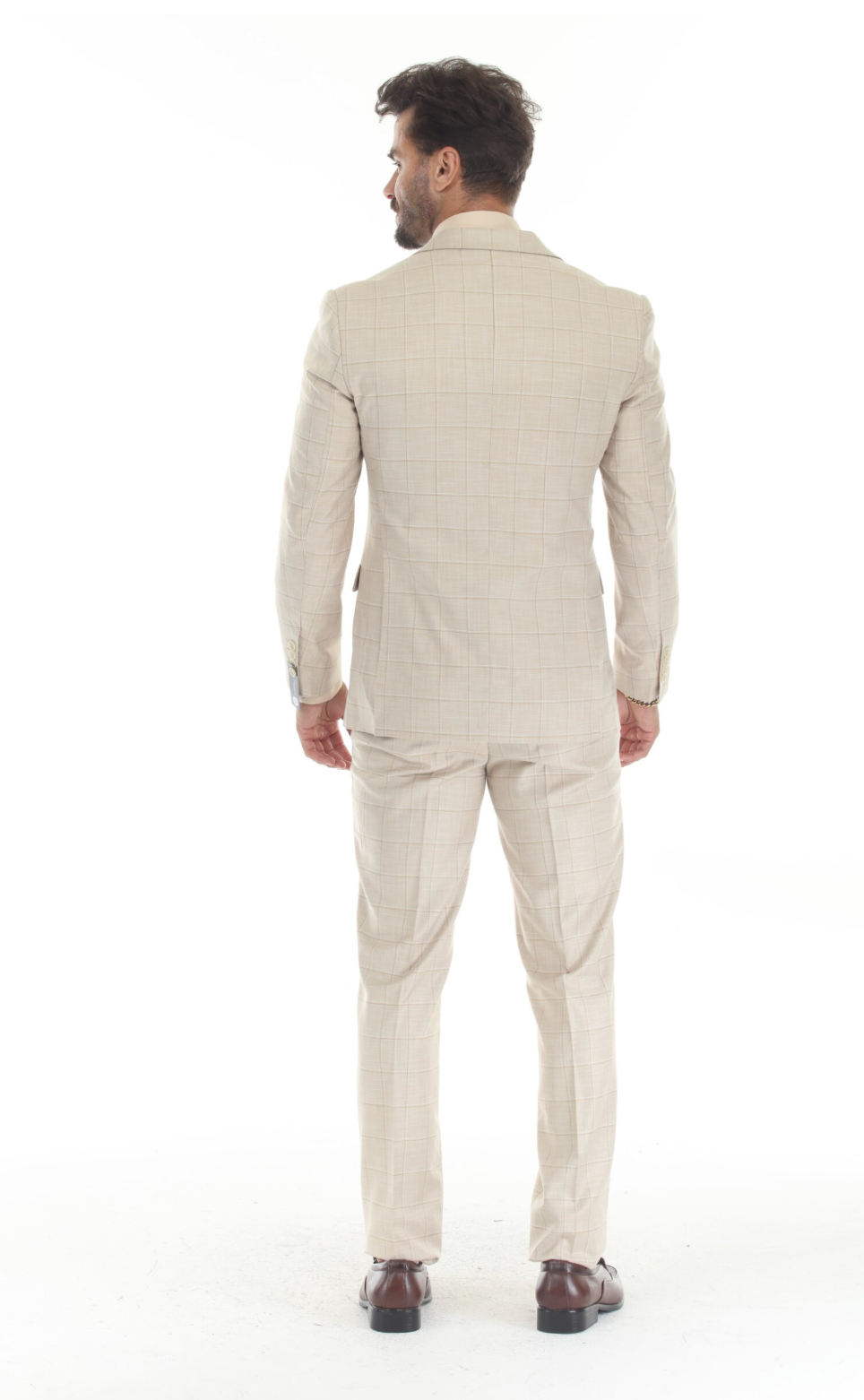 Slim Fit ThreePiece Checkered Suit- Beige