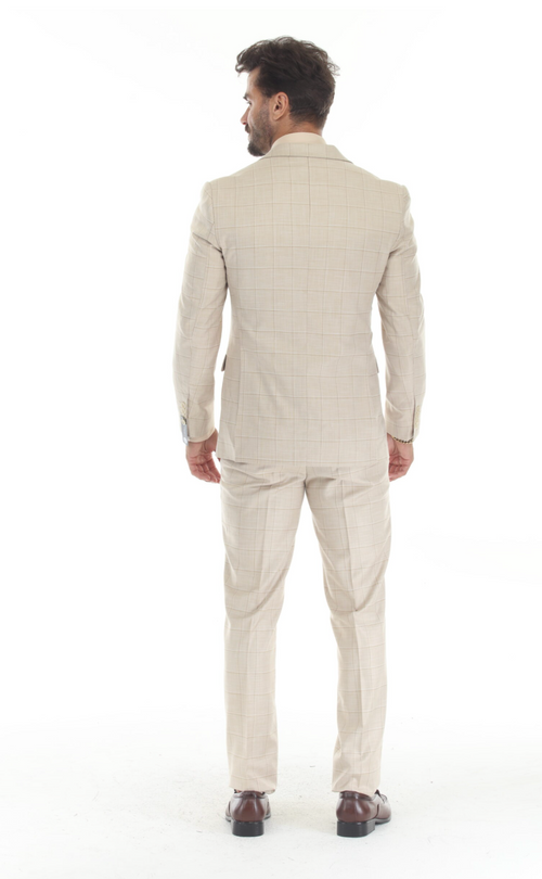 Slim Fit ThreePiece Checkered Suit- Beige